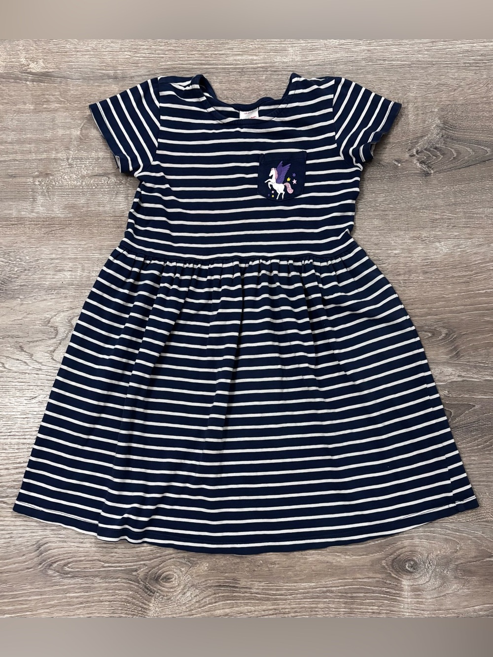 Hanna Andersson Navy and White Striped Unicorn Pocket Dress Size 130(8)
